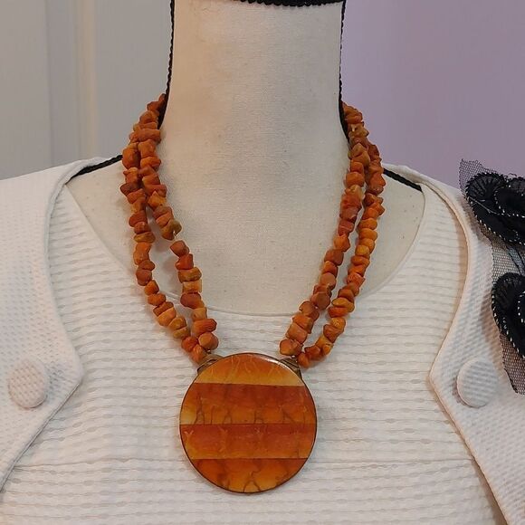 Vintage Jewelry - Vintage Genuine Sponge Coral Beads Double Strand Necklace Red Orange Pendant